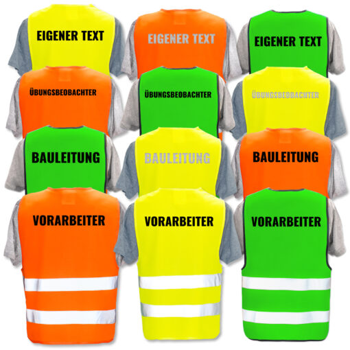 Warnweste Baugewerbe - Farben Orange, Gelb und Neon Grün mit Druck