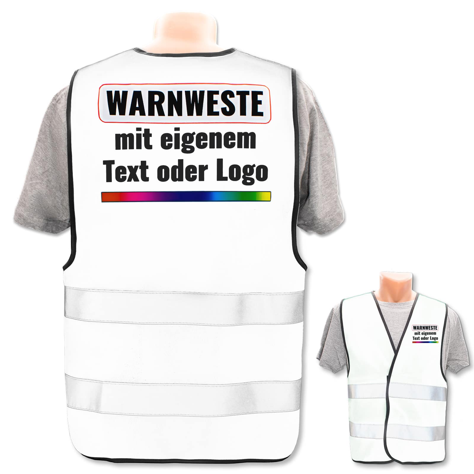 Warnweste Druckposition:Rücken Farbe Größe:Weiß M/L Brust Warnweste Bedruckt mit Ihrem Name Text Bild Logo * echte Reflex-Leuchtstreifen * personalisiertes Design selbst gestalten 