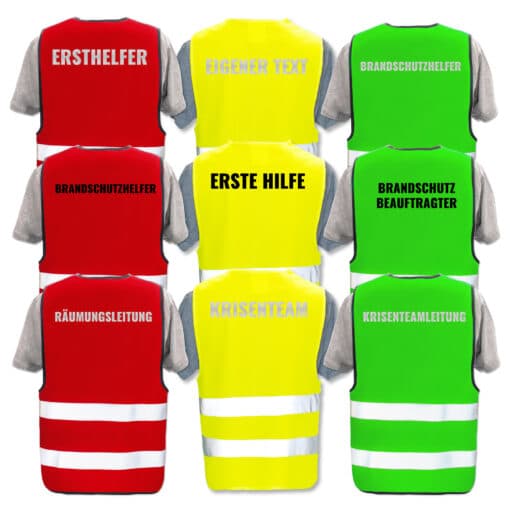 Warnweste Evakuierung und Brandschutz - Farben Gelb, Grün, Rot mit Druck