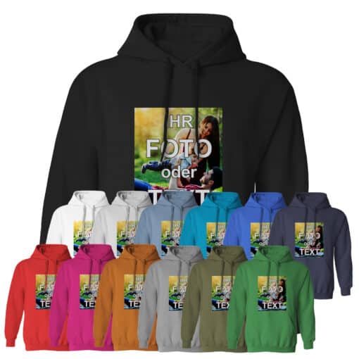 Hoodies selbst gestalten mit eigenem Foto, Logo oder Text * weiches Mischgewebe * vollfarbig bedruckt