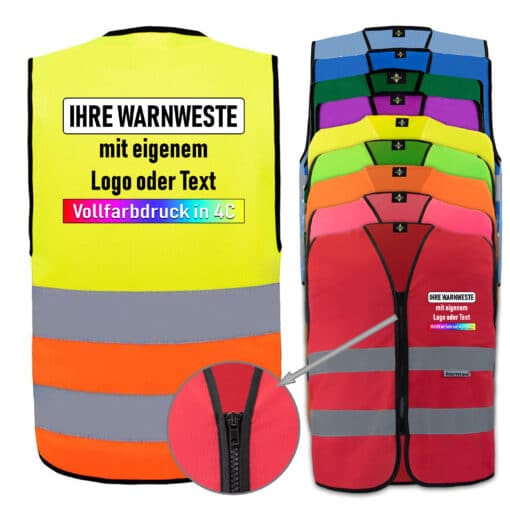 Reißverschluss-Warnwesten mit zwei Leuchtstreifen // viele Farben und Größen