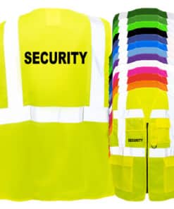 Multifunktions-Warnwesten mit Taschen und Reißverschluss, bedruckt mit dem Begriff Security
