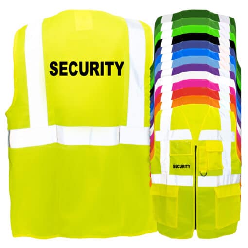 Multifunktions-Warnwesten mit Taschen und Reißverschluss, bedruckt mit dem Begriff Security