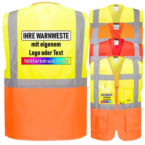 Portwest S476 (Berlin) und S376 (Prag) Premium Warnschutz Exekutiv Warnweste mit Reißverschluss, Taschen und 4 Leuchtstreifen