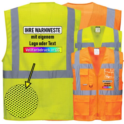 Portwest C376 Madrid Warnschutz MeshAir Exekutiv Weste mit 4 Streifen, Reißverschluss und Taschen (komplett Mesh)